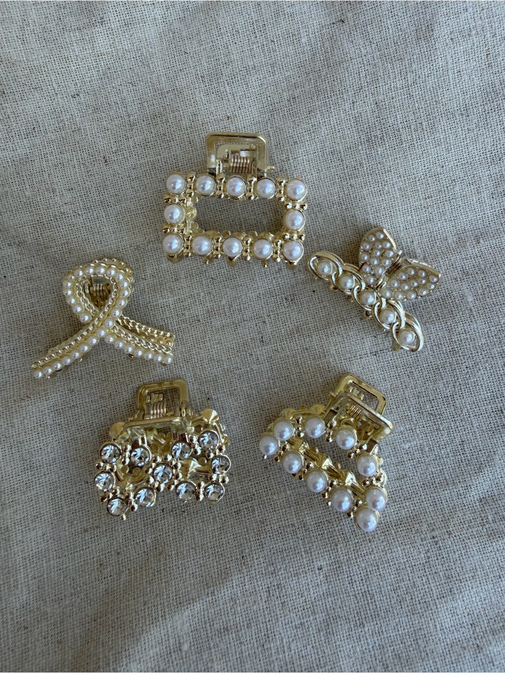 New Gold Pearl & Crystal Mini Hair Clip Set - Women Accessories